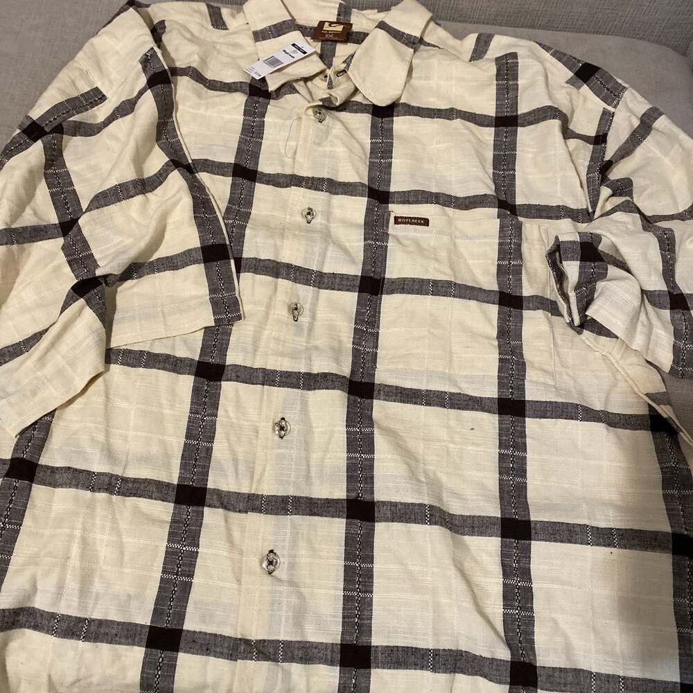 Bay Creek Beige and Gold Short Sleeve Plaid Button-Up Shirt